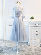 Round Neck Long Sleeves Blue Semi Formal Prom Dresses, Long Sleeves Blue Formal Bridesmaid Evening Dresses